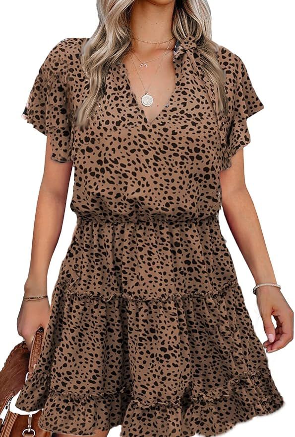 GOSOPIN Women Leopard Tunic Dress V Neck Floral Swing Shift Dresses | Amazon (US)