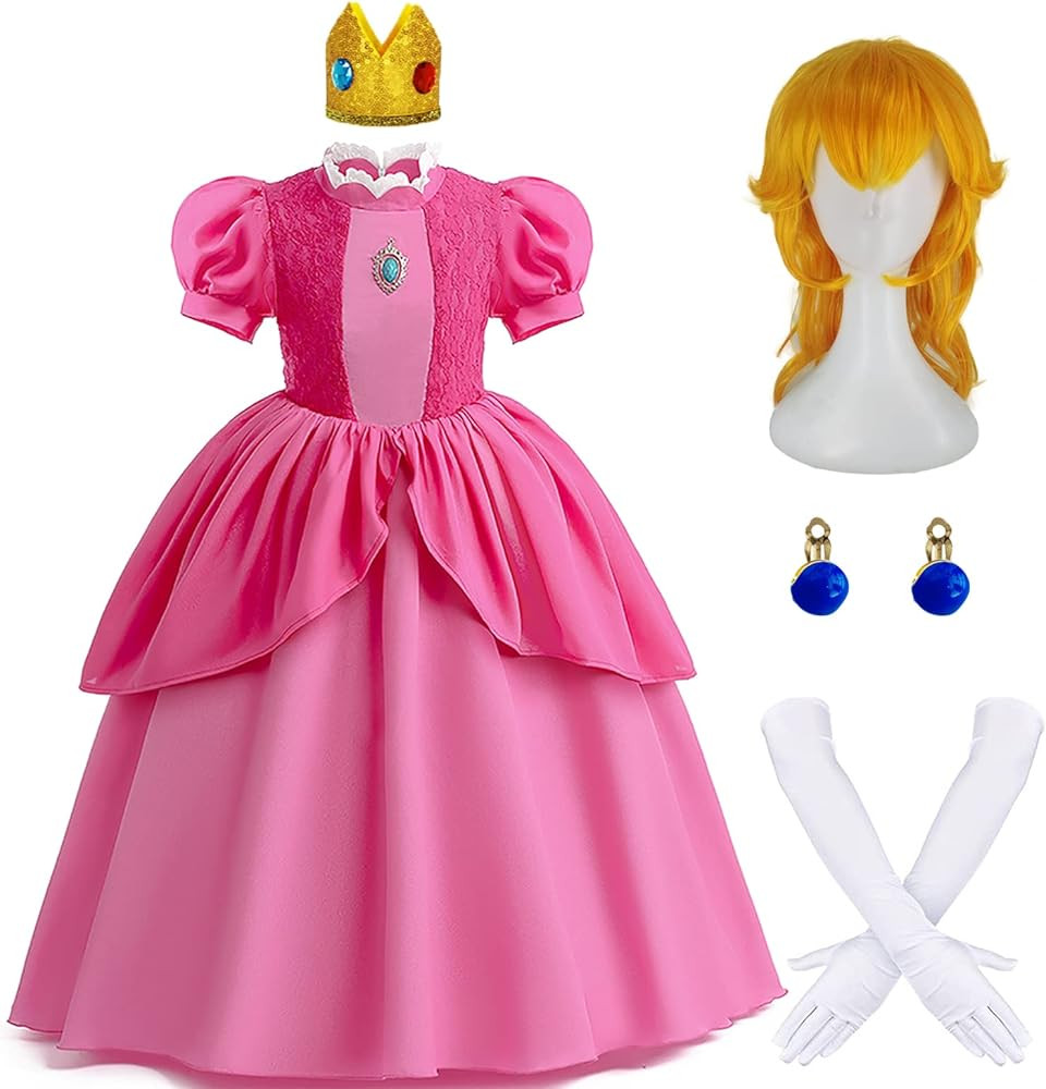 Princess Peach Costume Dress Girls Kids with Crown Wig Gloves and Earrings Super Brother Cosplay ... | Amazon (US)