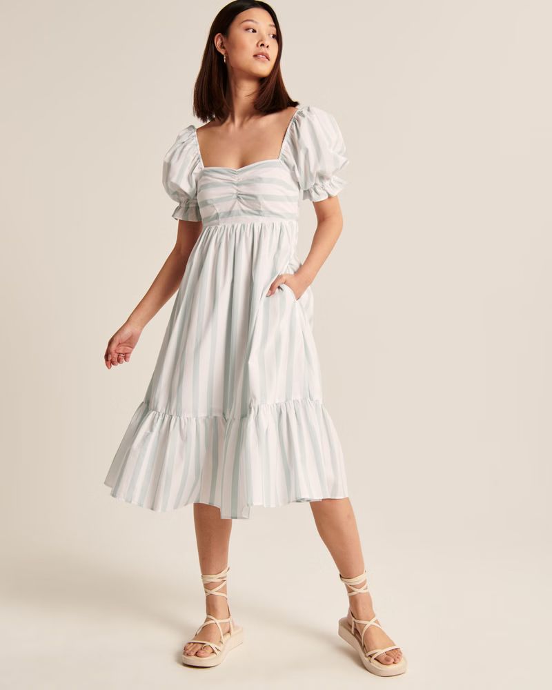 Puff Sleeve Poplin Midi Dress | Abercrombie & Fitch (US)