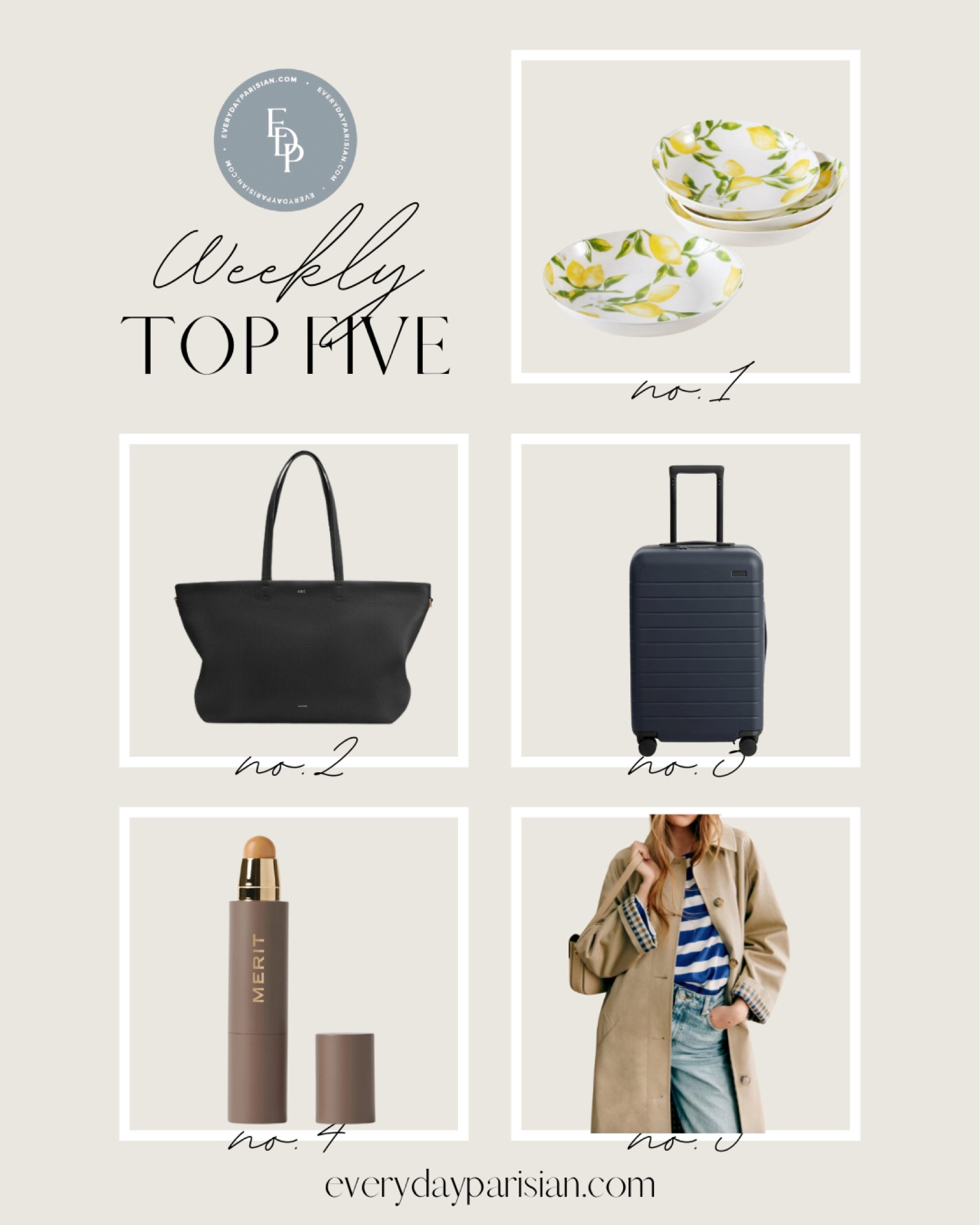 Weekly too 5, Merit concealer is a favorite especially for summer, the Clyde trench from Sézane, and the cutest lemon 🍋plates. 

#LTKHome #LTKFindsUnder100 #LTKOver40