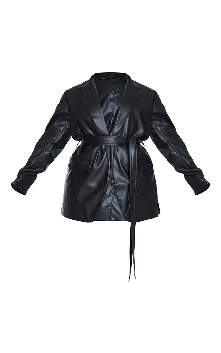 PLT Label Plus Black Faux Leather Wrap Belted Blazer | PrettyLittleThing US