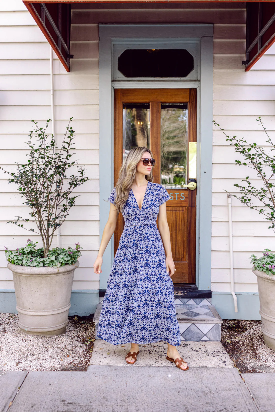 Navy Shell Eyelet Short Sleeve V-Neck Maxi Dress | Sail to Sable