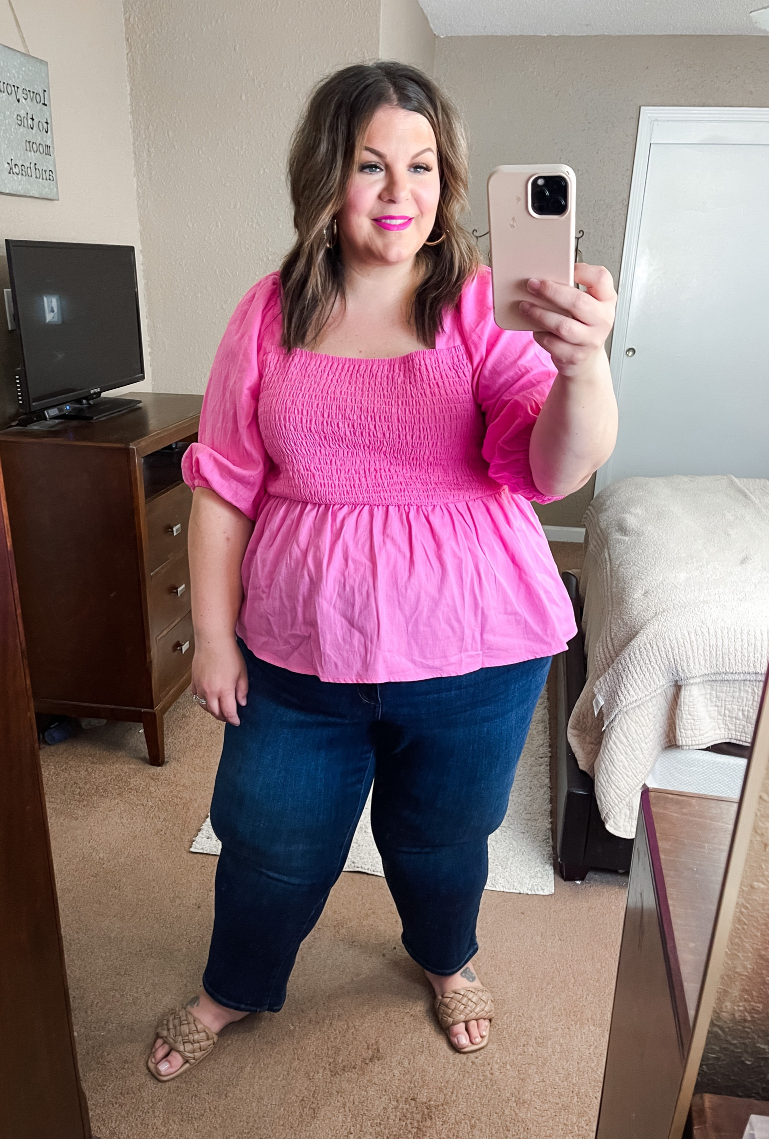 Plus size Target outfit! These plus size straight leg jeans are my ✨absolute favorite ✨- wearing them in a 26. Wearing the plus size peplum top in a 2X and wide width sandals in a 12. Everything is true to size. I’m 5’7 for height reference. 

#LTKcurves #LTKFind #LTKunder50
