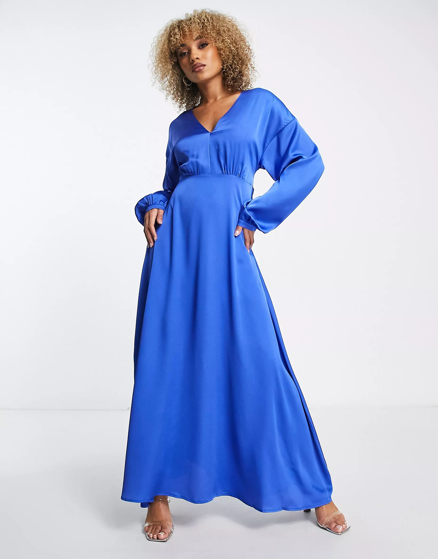 Liquorish satin maxi wrap dress with full skirt in cobalt blue | ASOS (Global)