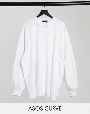 ASOS DESIGN Curve polo top with long sleeves in white | ASOS (Global)