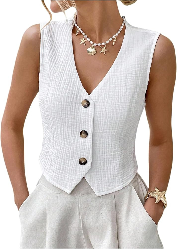GORGLITTER Women's V Neck Vest Tops Sleeveless Button Down Tank Tops Dressy Going Out Crop Tops | Amazon (US)