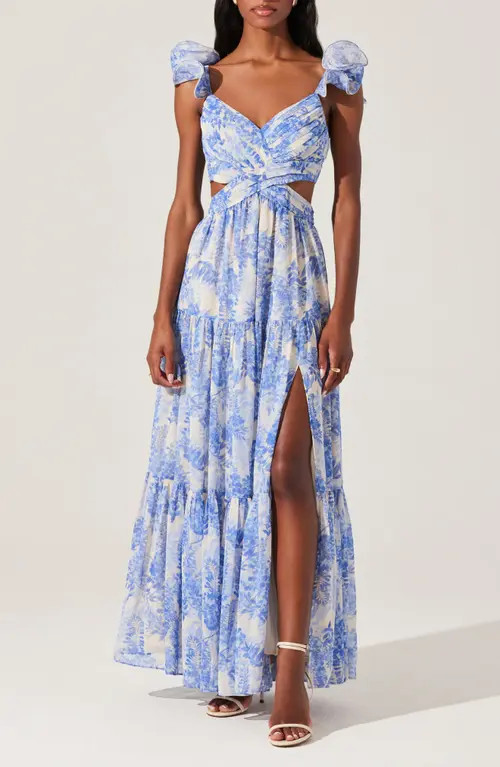 ASTR the Label Frittilaria Floral Cutout Detail Maxi Dress in Blue Floral at Nordstrom, Size Large | Nordstrom