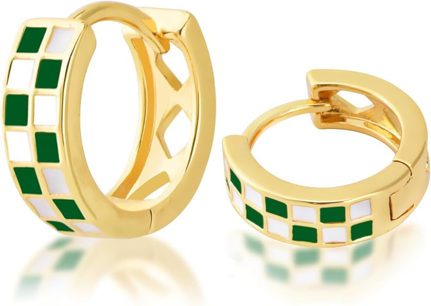 Small Checkered Hoop Earrings, Multicolor Enamel Hoops Earrings for Women, Tiny Round Circle Hugg... | Amazon (US)