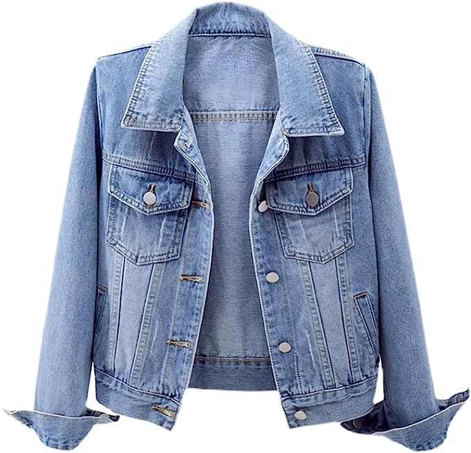 LifeShe Women's Basic Long Sleeve Button Down Distressed Denim Jackets Jean Jacket Coat | Amazon (US)