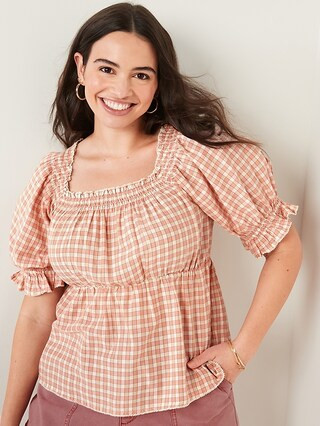 Smocked Plaid Puff-Sleeve Babydoll Top for Women | Old Navy (US)