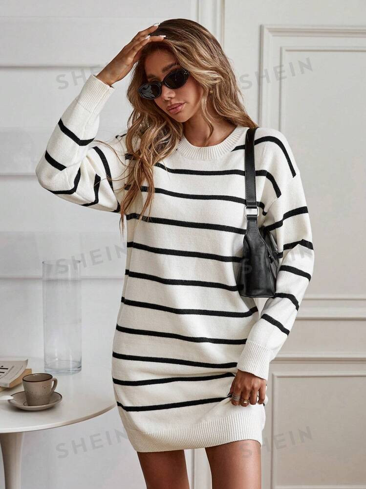 TrendsSHEIN LUNE 1pc Women's Striped Black & White Knit Sweater Dress | SHEIN