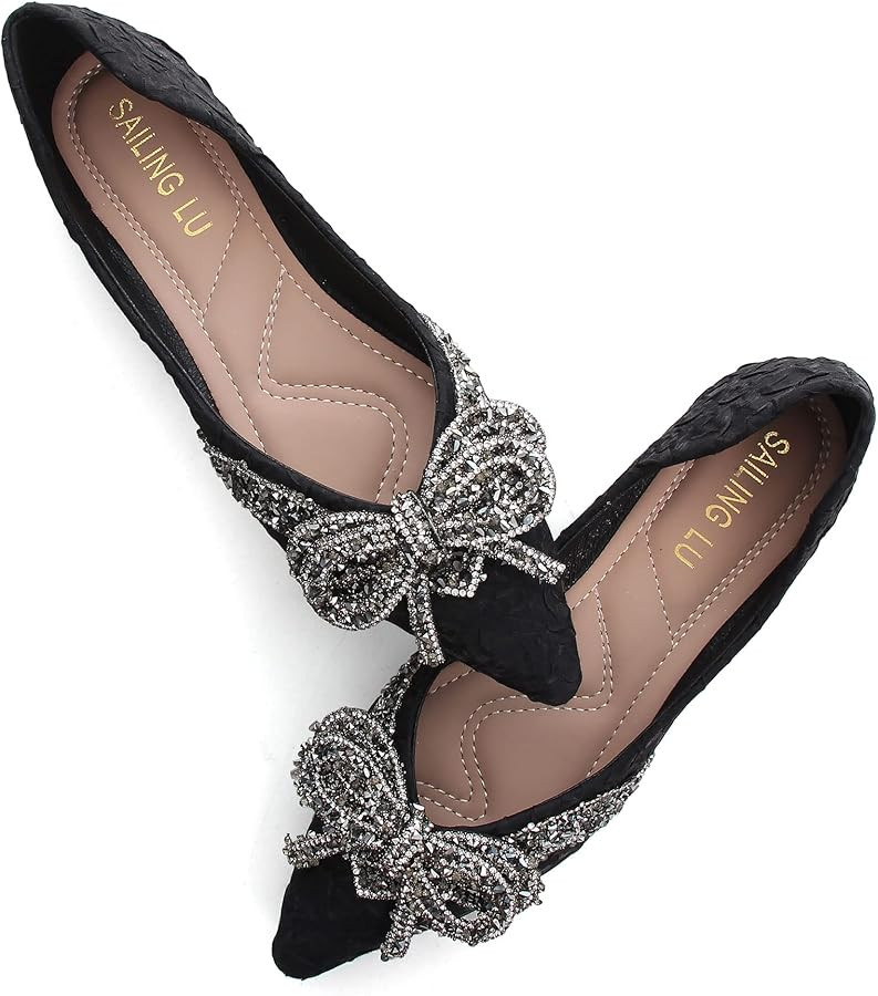 SAILING LU Bow-Knot Ballet Flats for Women Pointed Toe Crystals Wedding Shoes Comfort Light Weigh... | Amazon (US)