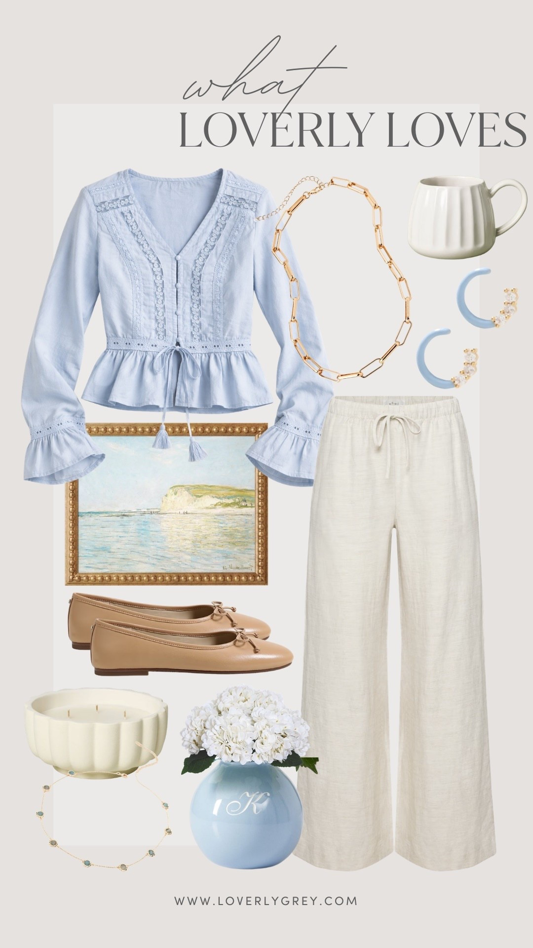 Soft blue + warm neutrals for the prettiest spring refresh 💙 Linen wide-legs, classic flats, and delicate gold make this an easy 9–5 to 5–9 look.

Loverly grey, powder blue blouse, linen pants outfit, spring neutrals, spring outfit ideas 

#LTKHome #LTKWorkwear #LTKSeasonal