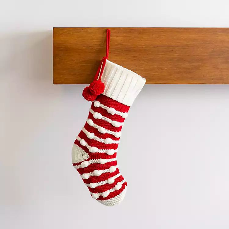 New! Red Knit Stripes Pom Pom Stocking | Kirkland's Home