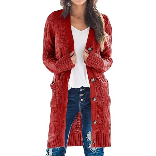 Long Cardigan Sweaters for Women Open Front Button Cable Knit Long Cardigan Sweater with Pockets for Fall Winter Red | Amazon (US)