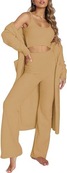 AOHITE Womens Fuzzy 3 Piece Sweatsuit Open Front Cardigan Crop Tank Tops Wide Legs Pants Lounge O... | Amazon (US)