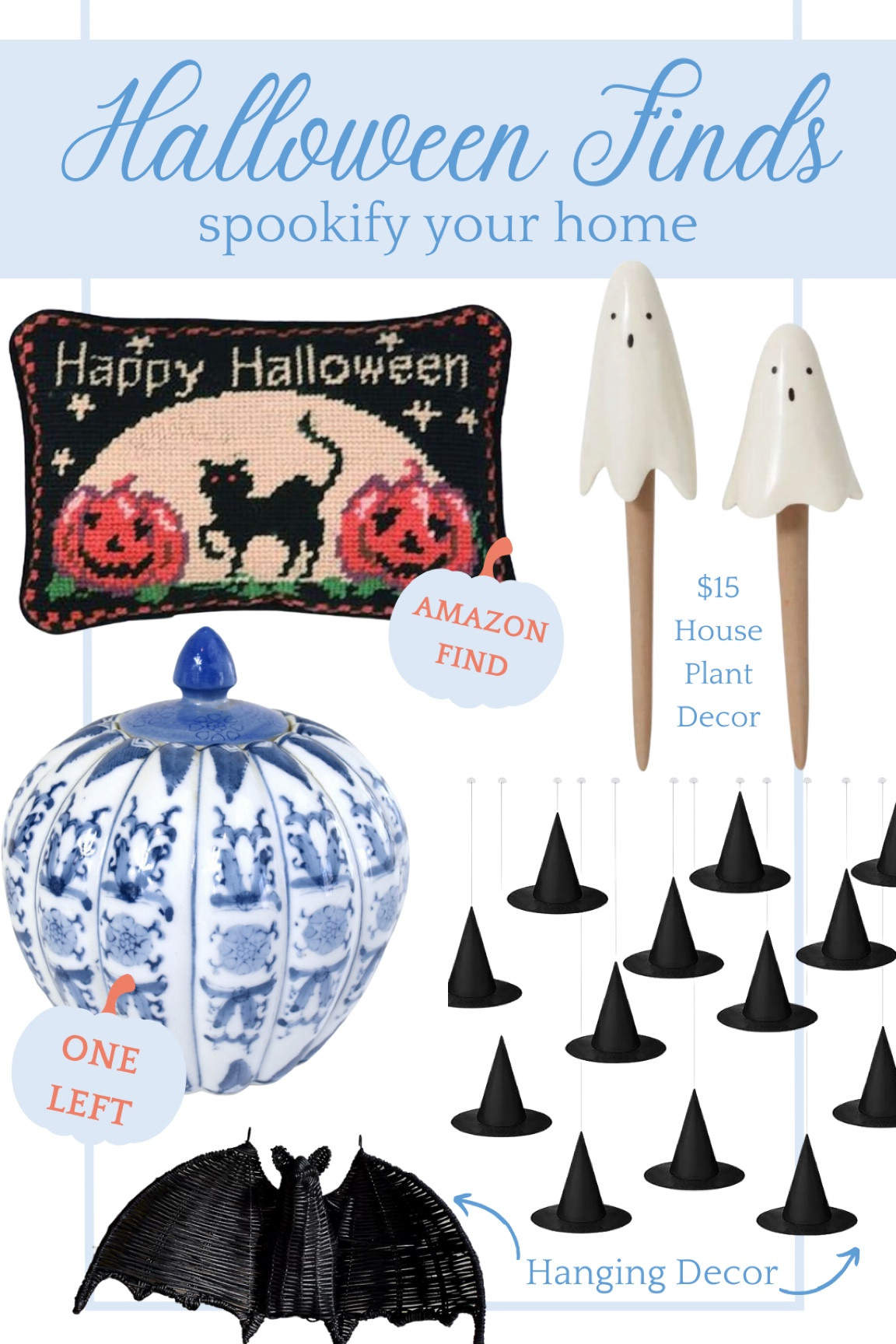 Spooky and fun Halloween home decor. Such a simple way to add some spooky-ness to your home! 

Halloween throw pillow, fall home decor, ghost planter sticks, antique pumpkin jar from Etsy, hanging witches hats, hanging bats, rattan bats, festive party decor #halloween #homedecor #fallhomedecor #festive 

#LTKunder50 #LTKSeasonal #LTKhome