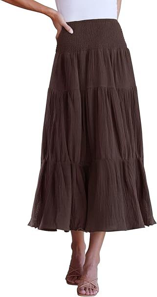 ZESICA Women's Casual High Elastic Waist Solid Color Ruffle A Line Swing Midi Skirt | Amazon (US)