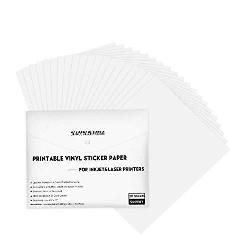 JANDJPACKAGING Printable Sticker Paper-20 Sheets Glossy Printable Vinyl for Inkjet Printer-Waterproof Sticker Paper A4 Size (8.5''x11") | Amazon (US)