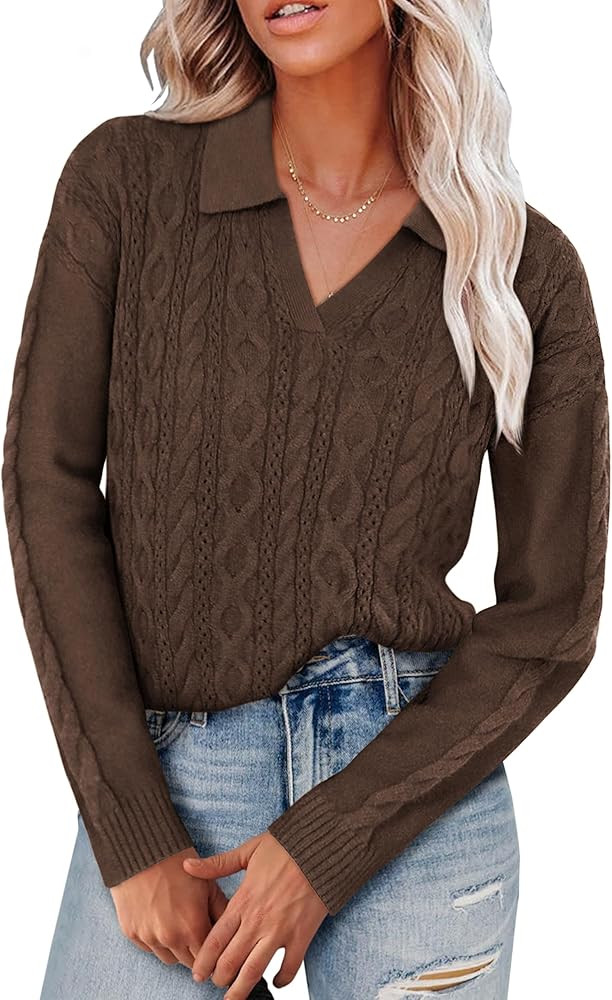 GRACE KARIN 2024 Women's Fall Lapel Collar Sweater Casual V-Neck Long Sleeve Loose Pullover Ribbe... | Amazon (US)