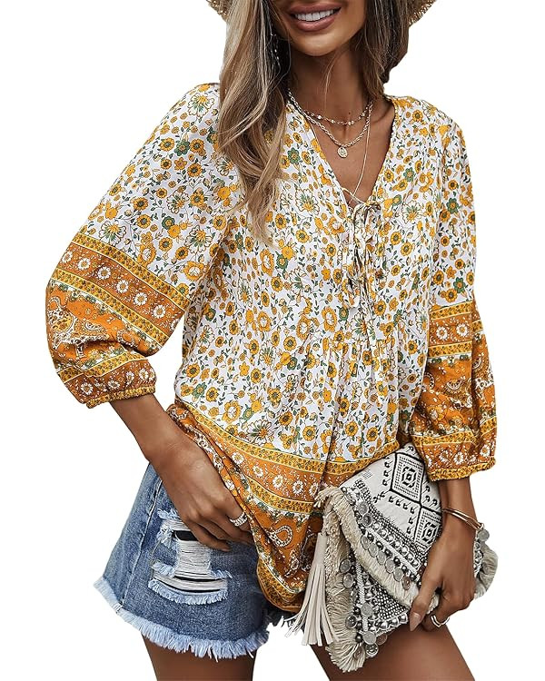 KAYWIDE Women's Casual Boho V Neck Top Loose Floral Printed Long Sleeve Beach Shirts Blouses | Amazon (US)