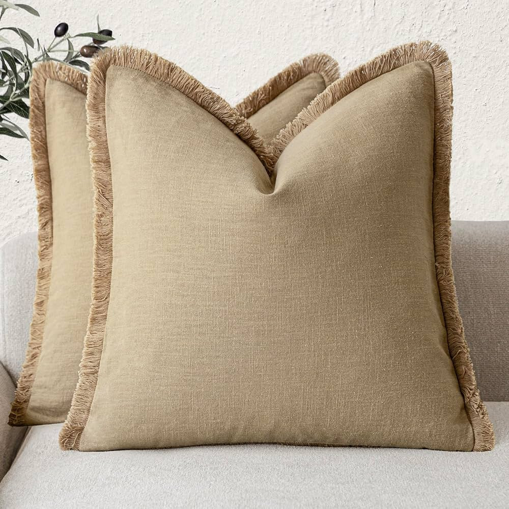 Foindtower Set of 2 Decorative Linen Fringe Throw Pillow Covers Farmhouse Cushion Cover with Tass... | Amazon (US)