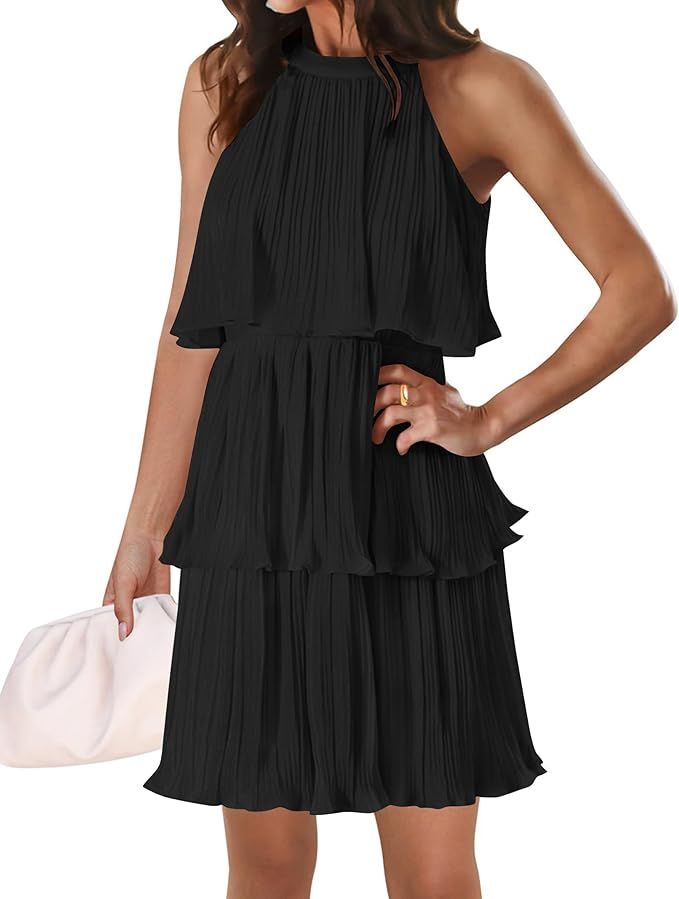 ZESICA Women's 2024 Summer Halter Dresses Sleeveless Ruffle Tiered Layered Chiffon Pleated A Line... | Amazon (US)