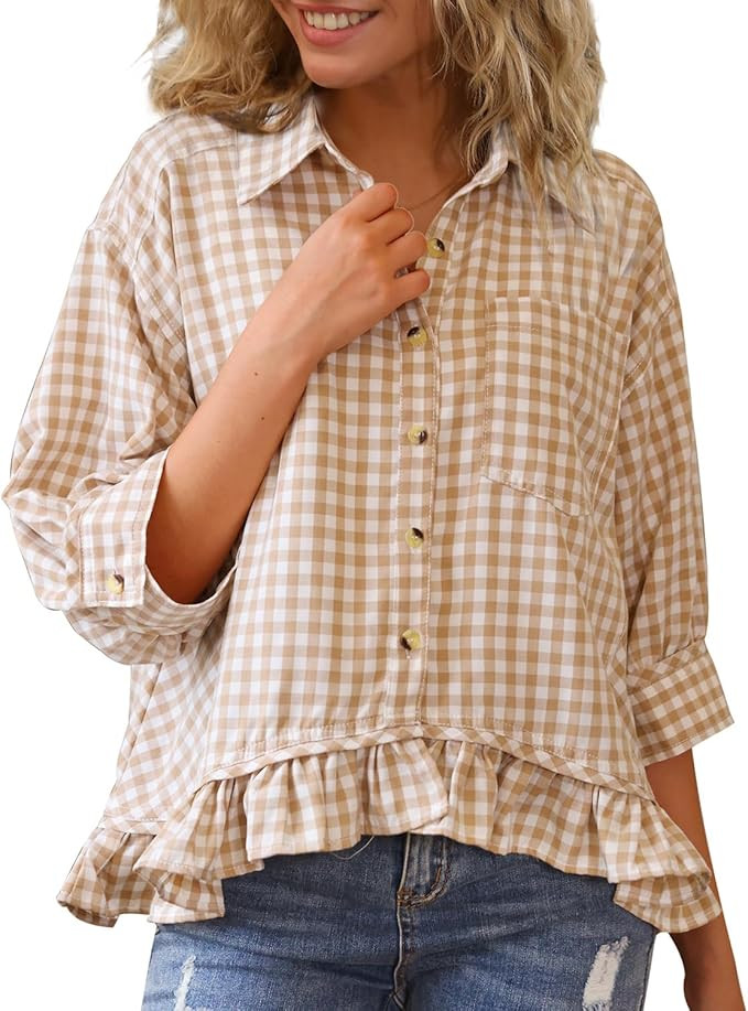 CHYRII Womens Summer Tops Dressy Casual Blouse Top Ruffled Short Sleeve Button Down Striped Shirt | Amazon (US)