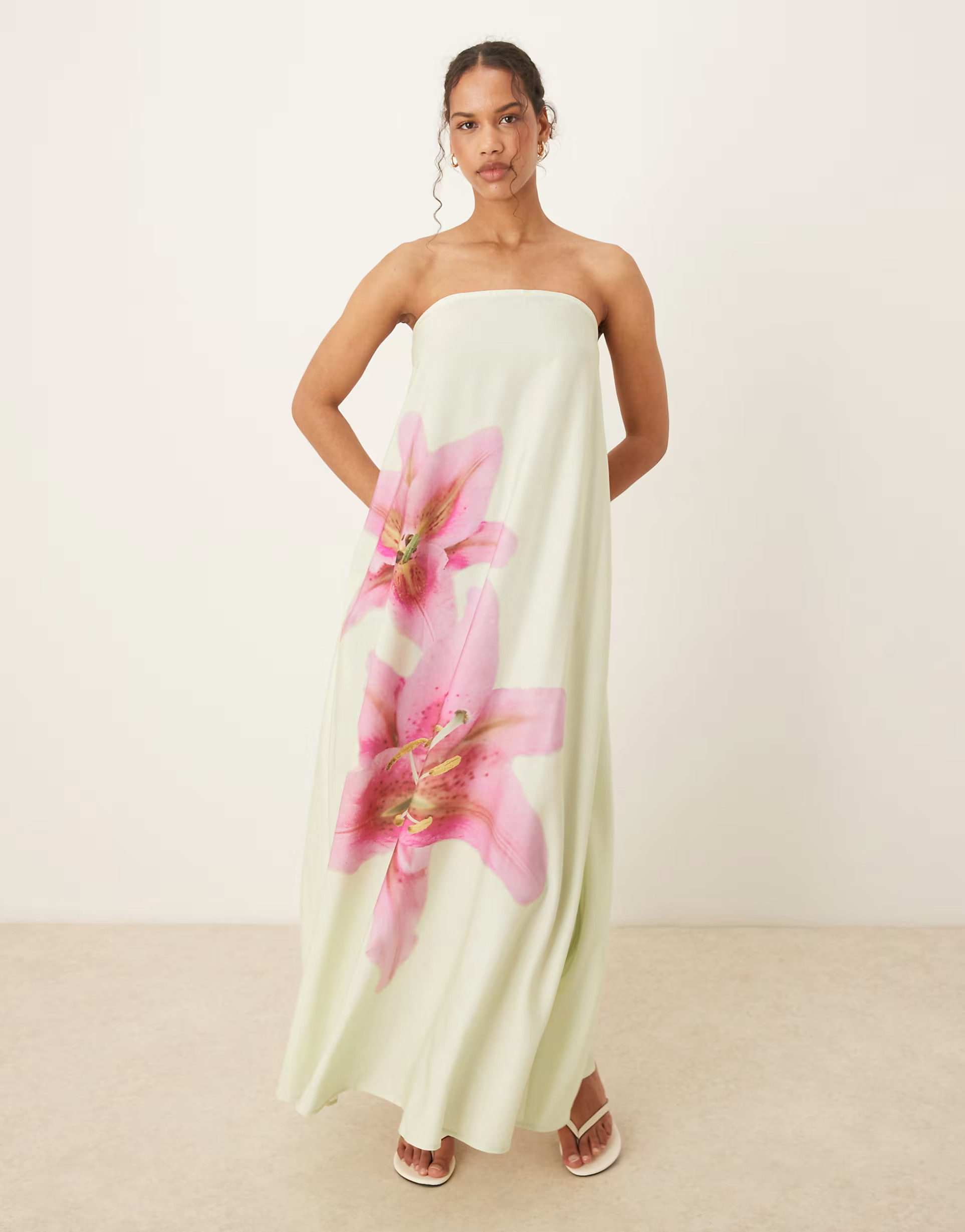 ASOS DESIGN cupro bandeau maxi dress in green and pink tropical floral print | ASOS (Global)