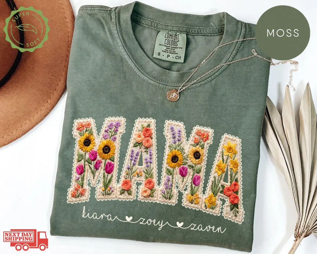 Comfort Colors® Personalized Mama Shirt With Kids Names Faux Embroidery Effect Mama Gift For Mot... | Etsy (Global)