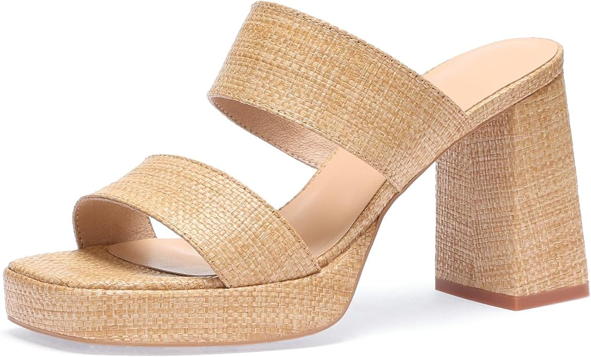 Monrovia Raffia Chunky Platform Heels for Women, Double Strap Square Open Toe Slip On Heels - Cas... | Amazon (US)