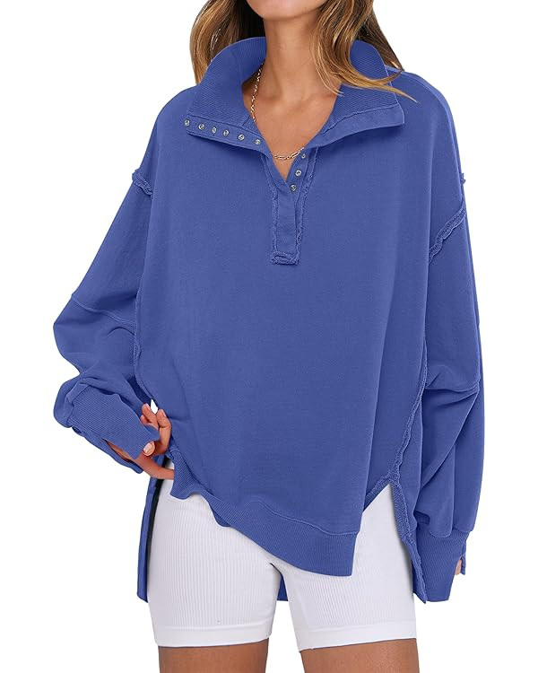 ANRABESS Women's Sweatshirts Oversized Casual Loose Button Up Henley Pullover Top High Low Split ... | Amazon (US)