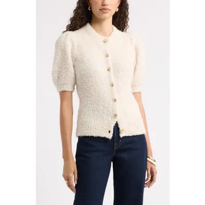 Nordstrom Puff Sleeve Textured Cardigan in Grey- Black Marl at Nordstrom, Size Medium | Nordstrom