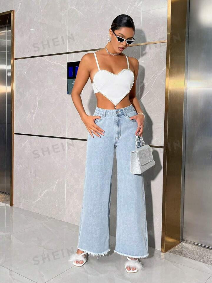 SHEIN BAE Women's Raw Hem Wide Leg Jeans | SHEIN