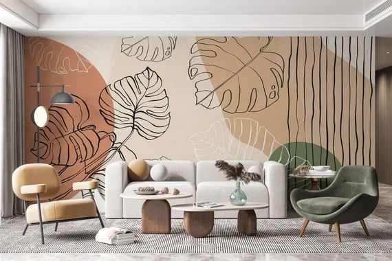 Tropical Leaves Mid Century Modern Wallpaper Customizable | Etsy | Etsy (US)