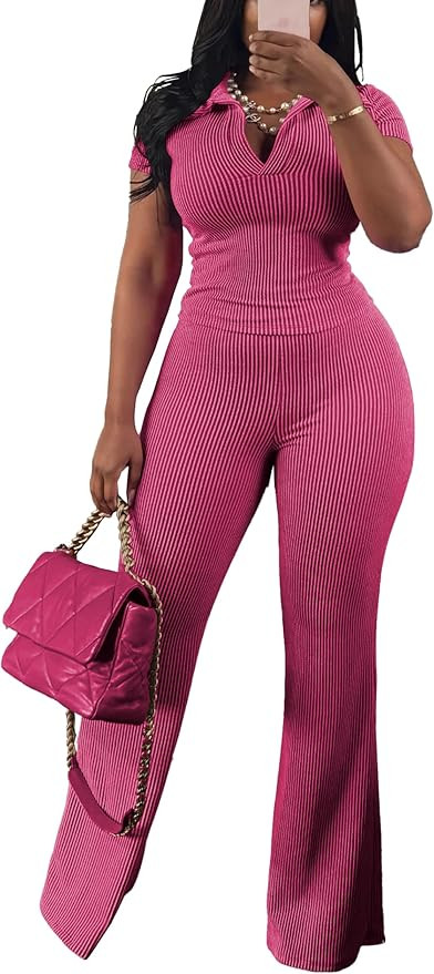 HBQ Women Two Piece Outfit Ribbed Short Sleeve V Neck Polo Top and Flare Pants Casual Lounge Sets... | Amazon (US)