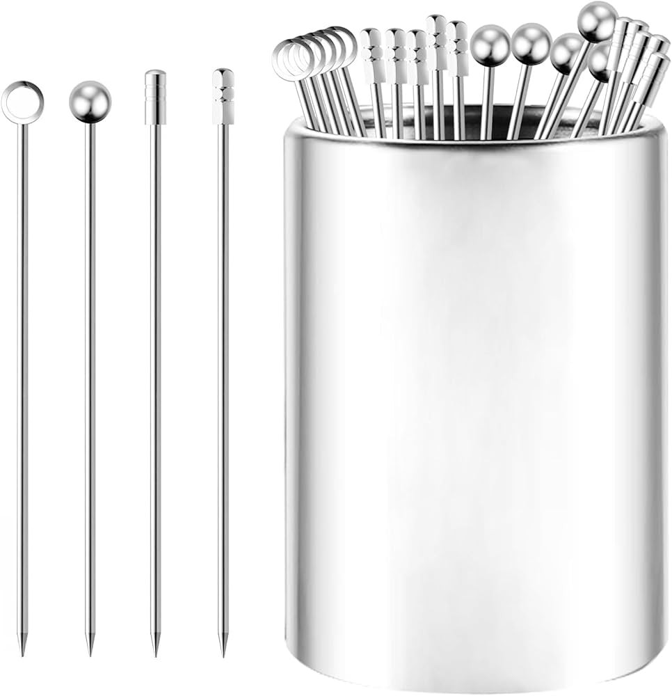 Metal Cocktail Picks 20Pack+Holder Kit, 304 Stainless Steel Cocktail Toothpicks, Reusable Cocktai... | Amazon (US)