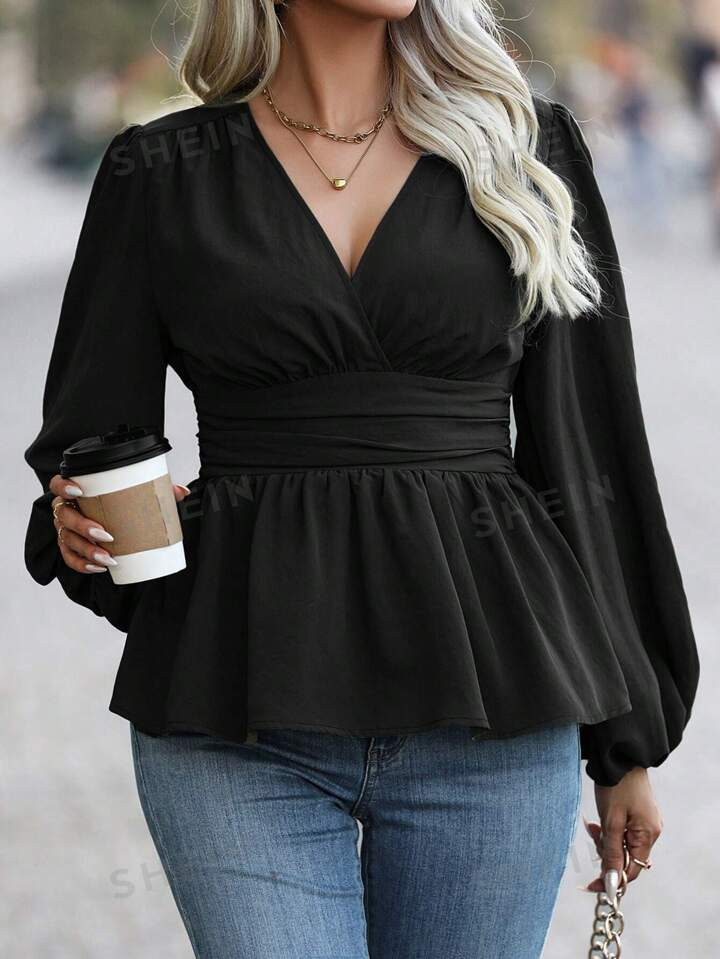 SHEIN Frenchy Plus Surplice Neck Lantern Sleeve Ruched Waist Peplum Top | SHEIN
