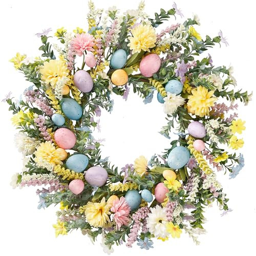 Sggvecsy 20 Inch Easter Wreath Spring Wreath Artificial Flower Wreath with Colorful Eggs Hydrangea Daisies Eucalyptus Leaves for Front Door Easter Summer Farmhouse Holiday Wall Home Window Decor | Amazon (US)