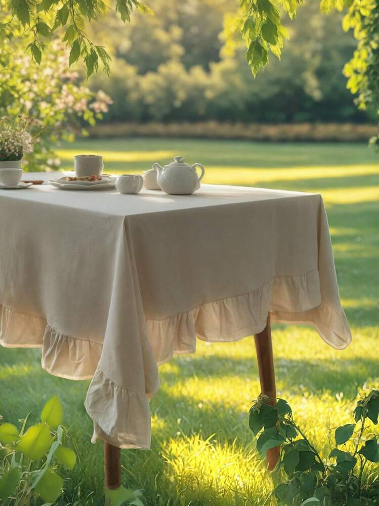 1pc Plain Linen Ruffle Trim Tablecloth, Vintage American Style Minimalist Design, Suitable For Ki... | SHEIN