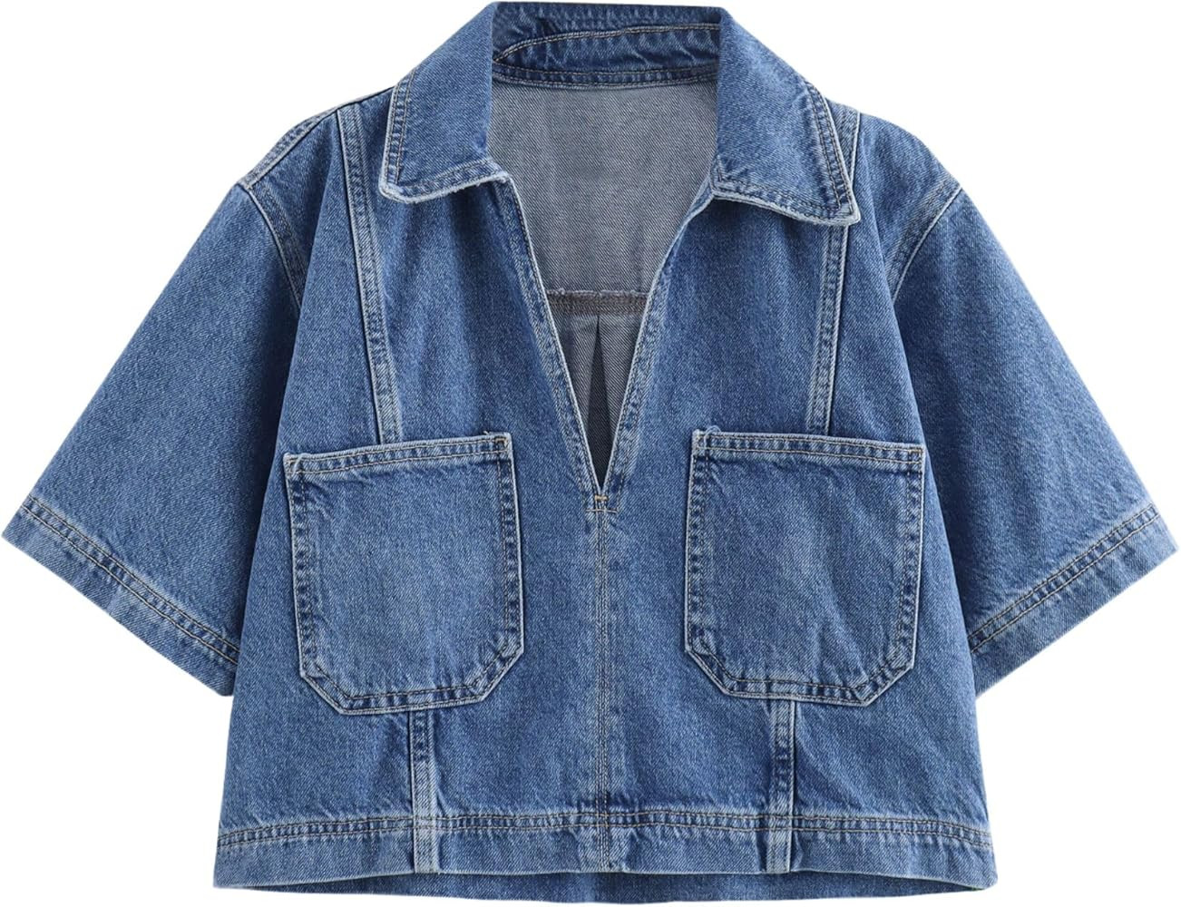 FindThy Women’s Denim Shirt Trendy V-Neck Short Sleeve Cropped Blouse Top with Two Pockets | Amazon (US)