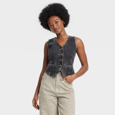 Women's Denim Vest - Universal Thread™ Black 4: Cotton, Midweight, Front Button, Adjustable Waist | Target