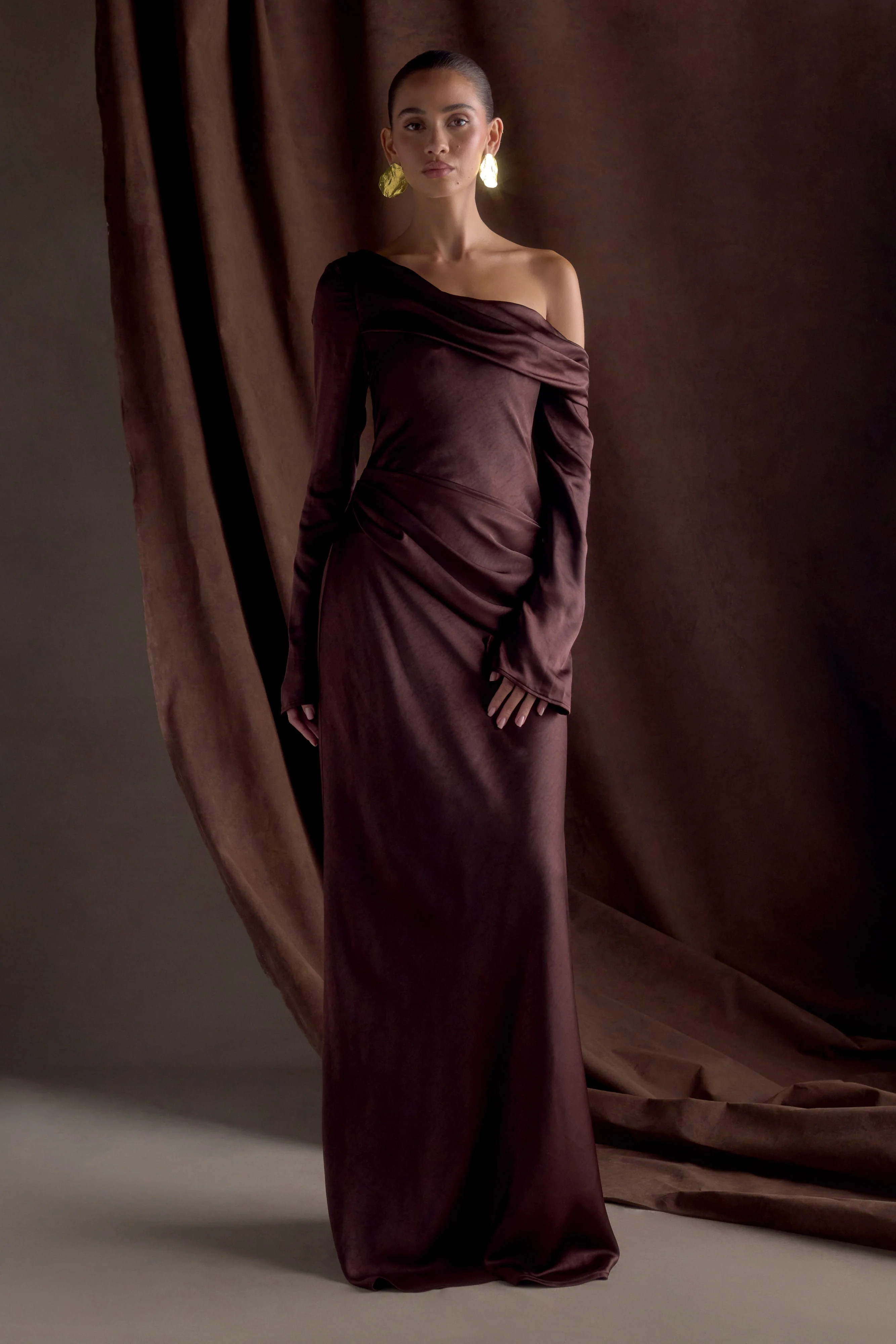 Iris Long Sleeve Satin Maxi Dress - Dark Chocolate | MESHKI US