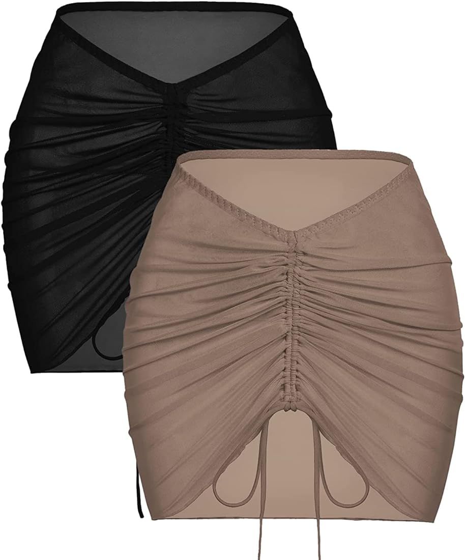 AI'MAGE 2 Pieces Women Beach Sheer Cover Ups Mesh Bikini Wrap Ruched Skirt for Swimwear S-XXL | Amazon (US)