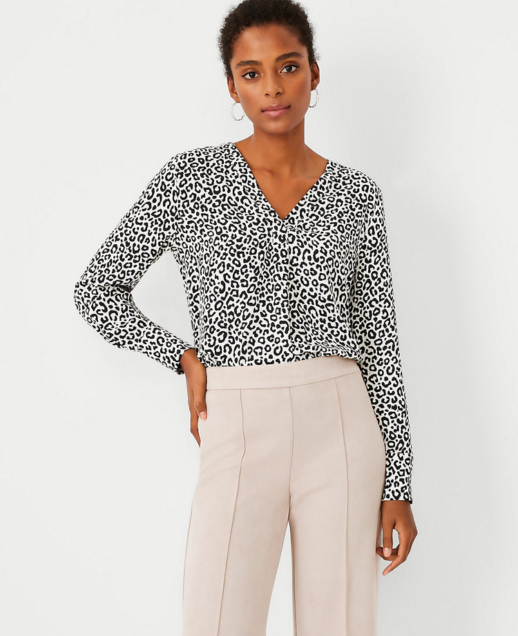 Petite Leopard Print Mixed Media Pleat Front Top | Ann Taylor (US)