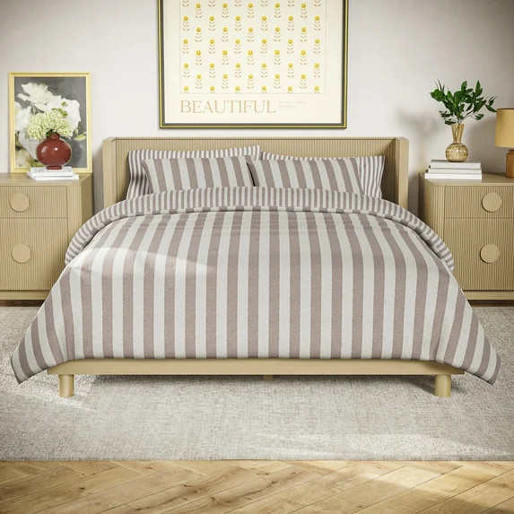 Beautiful 100% Cotton Striped 3-Piece Natural Comforter Set, Full/Queen by Drew Barrymore | Walmart (US)
