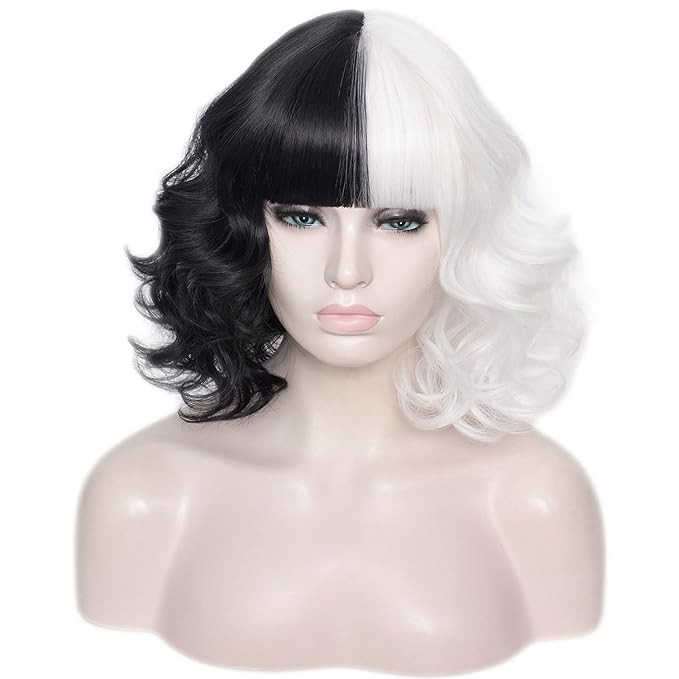Short Black and White Curly Wig Two Tone Half and Half Bob Curly Cosplay Wig with Full Bangs Cost... | Amazon (US)