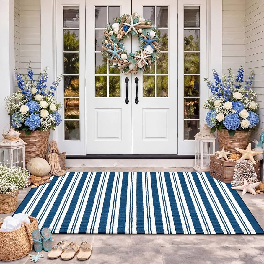 Moucuny Navy Blue and White Striped Outdoor Rug, 3' x 5' Nautical Beach Front Porch Rug Navigatio... | Amazon (US)