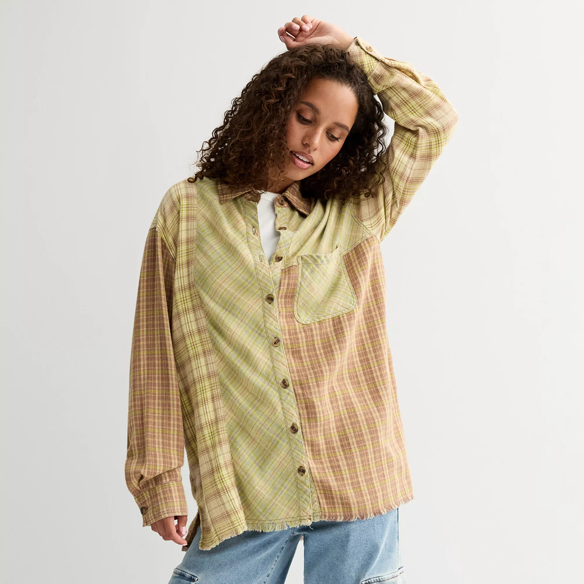 Juniors' Rewind Oversized Mixed Plaid Flannel Button Front Shirt | Kohl's