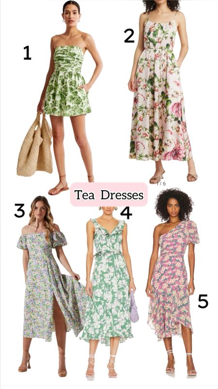 Tea Dresses for that perfect afternoon tea! I love feminine florals and recently had tea at a rose garden! Pair one of these floral flowy dresses with some wedges and your favorite jewelry!

1. Abercrombie & Fitch Emerson Ruched Strapless Romper in Green Pattern
2. Sam Edelman Floral Trapeze Maxi Dress
3. ASTR The Label Off Shoulder Puff Midi Dress
4. Revolve Lucena Dress in Luau
5. Revolve Santorini Dress in Pink Floral

#LTKSeasonal